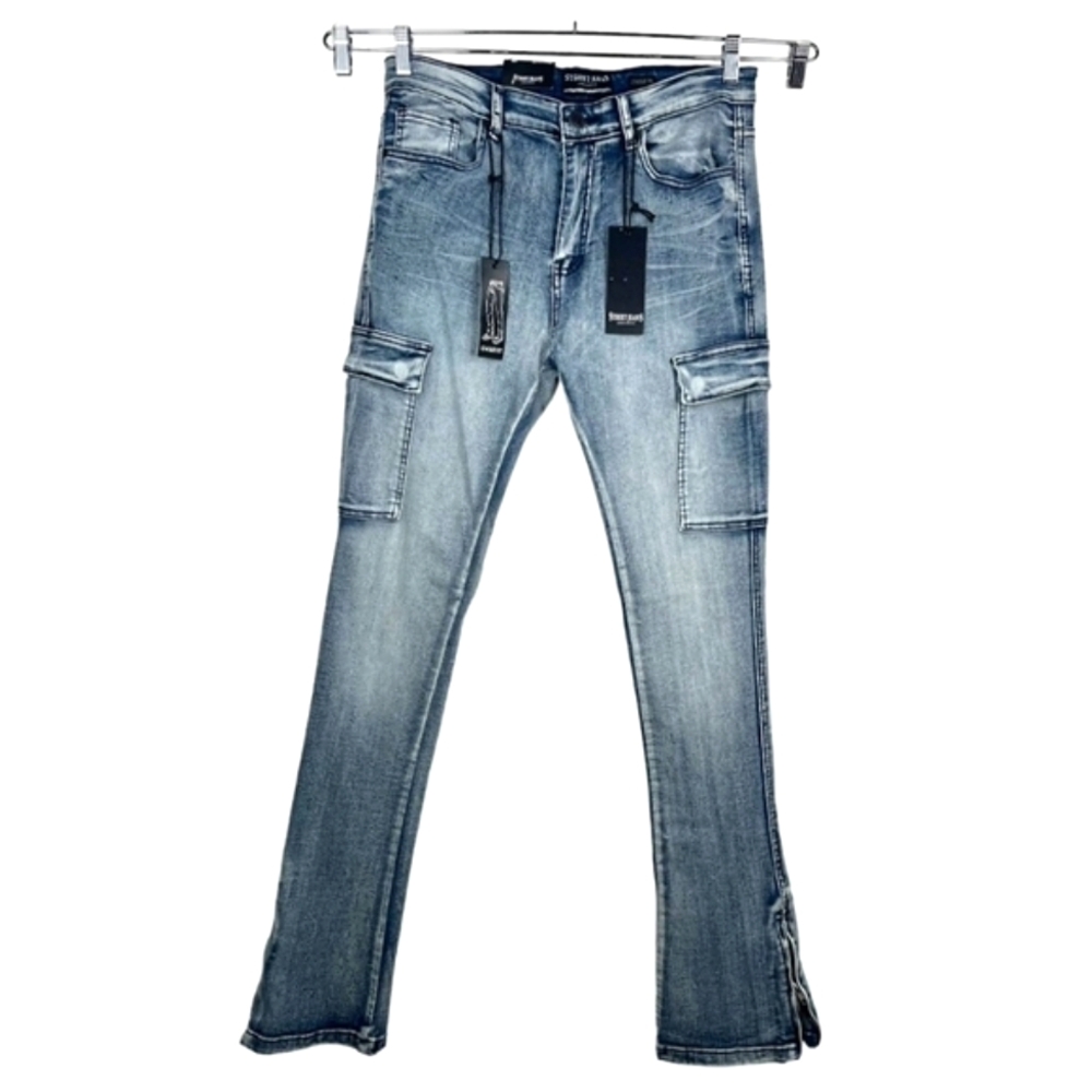 NWOT Men's Street Jeans Stacked Skinny Cargo Light Wash Zip Flare Sz.32X36